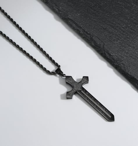 Strength Sword Necklace -Stainless Steel Cross/Sword/Sun/Evil Eye-Fun Inspirational Pendant Necklace,Spiritual Jewelry Gifts for Men Women in 24+ inch Chain3