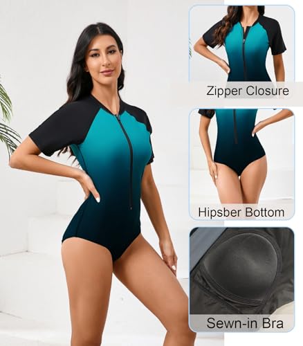 Halcurt Women's Short Sleeve One Piece Rash Guard Swimsuit Zip Front UPF50+ Surfing Athletic Bathing Suit3