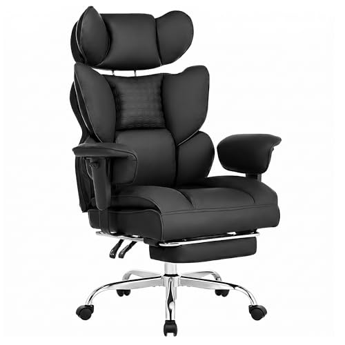 Image of Big and Tall Ergonomic Office Chair,350 lbs,High Back Reclining PU Leather Gaming Chair with Footrest, Adjustable Armrests, Lumbar Support, Executive Desk Chair for Home Office, Black