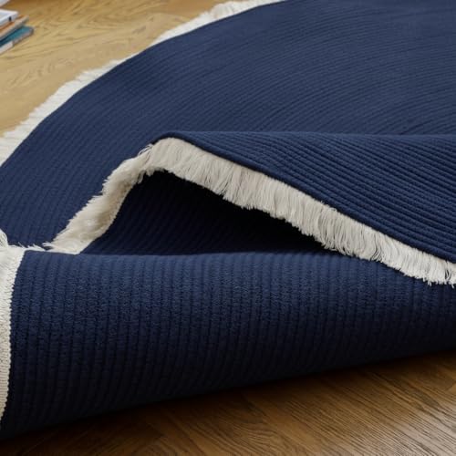 Image of Cotton Round Carpet 3x3 feet - Handmade Braided Boho Rug for Living Room, Bedroom & Balcony - Soft Washable Floor Mat, Color -Blue