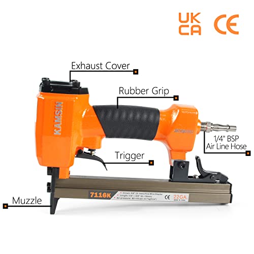 Kamsin 7116K 22 Gauge 71 Series Pneumatic Upholstery Stapler, 3/8-Inch(9.0Mm) Crown Fine Wire Tool, 1/4-Inch To 5/8-Inch(6-16Mm) Leg Length Air Upholstery Staple Gun For Furniture Upholstering #TOP5