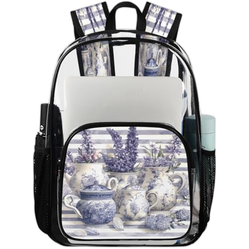 Beautiful Lavender Clear Backpack for Stadium Events, Spring Watercolor Wisteria Waterproof Clear Bag for Women Men Adult Sport Work Daily Music Festival and Concerts