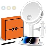 MIYADIVA Makeup Mirror with Lights, 30X Magnifying Mirror with Light and Touch Switch, Vanity Mirror with 3 Color Light and 80 LEDs, Height Adjustable Desk Mirror with Lights, White