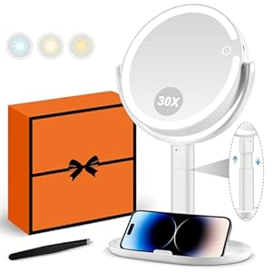 MIYADIVA Makeup Mirror with Lights, 30X Magnifying Mirror with Light and Touch Switch, Vanity Mirror with 3 Color Light and 80 LEDs, Height Adjustable Desk Mirror with Lights, White