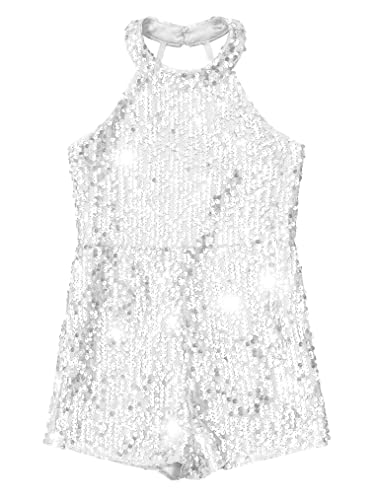 Choomomo Flower Girls Shiny Sequins Romper Halter Sleeveless Cutout Back Short Jumpsuit With Side Pockets Silver 10 Years #TOP2
