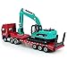 Flatbed Truck Toy with Crawler Excavator Toy Tractor Semi Tow Truck Transport Trailer Metal Diecast Construction Vehicles 2 in 1 Vehicle Playset Friction Powered Toy Trucks for Boys Kids Gift, red