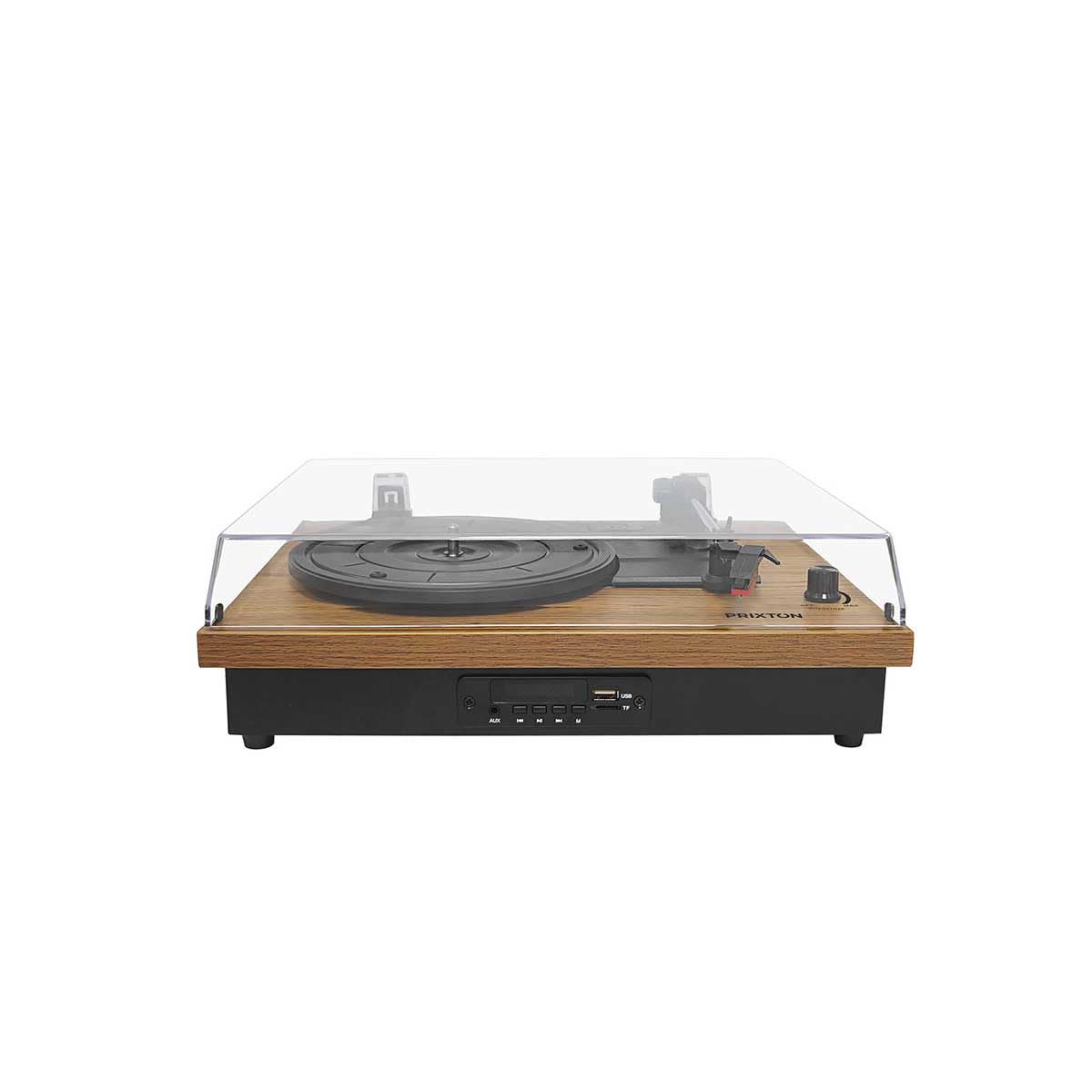 PRIXTON Platine Vinyle Studio, Tourne Disque Vintage, Lecteur de Vinyles et de Musique Via Bluetooth/USB/SD/Radio, 2 Haut-parleurs intégrés, Convertisseur des vinyles, Housse Anti-poussière, Bois