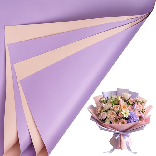 LeZakaa 20 Sheets Flower Wrapping Paper - Waterproof Reversible Floral Bouquet Paper - Pink and Purple Design for Valentine's Day, Mother's Day, Parties, Birthdays, Weddings, Baby Shower
