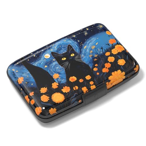 Image of Rimilak Aluminuml Credit Card Holder, Mini Credit Card Wallet RFID Blocking Slim Metal Hard Case for Women Men, Starry Sky Cat