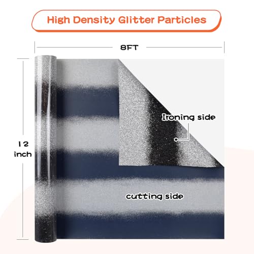 Image of guangyintong Rainbow Glitter Heat Transfer Vinyl - 12 inch x 8ft Black and Silver Glitter HTV Vinyl for Shirts, Iron On Vinyl for All Cutter Machine - Easy to Cut & Weed for Heat Vinyl Design