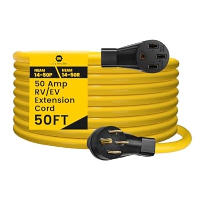 LAZMUMI 50 Amp 50 FT RV/EV Extension Cord, 4 Prong NEMA 14-50P to 14-50R 50F/50M Cable Suit for RV Trailer Campers, Tesla Model 3-S-X-Y, Heavy Duty STW Cord with Cord Organizer, ETL Listed