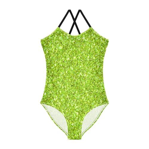 Green Sparkle Glitter Girls One Piece Swimsuits Sport Halter Swimwear Beach Bathing Suit 7-8T