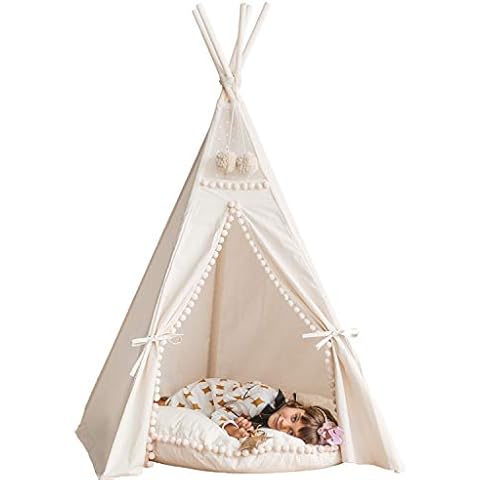 MINICAMP Original Teepee Tent for Kids, Handmade Natural Canvas & Wooden Playhouse Tent for Children & Toddlers, Indoor Sleepover Play Tent for Girls & Boys, Extra-Stable Child Tipi Tent with Pom-Poms Cover