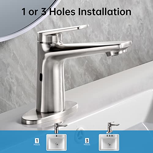 Goesmo Touchless Bathroom Faucet Automatic Motion Sensor Bathroom Sink Faucet With 1 Handle 2 Sensor, Brushed Nickel Bathroom Faucets For Sink 1 Or 3 Holes,Brass Vanity Faucet With Temperature Control #TOP4