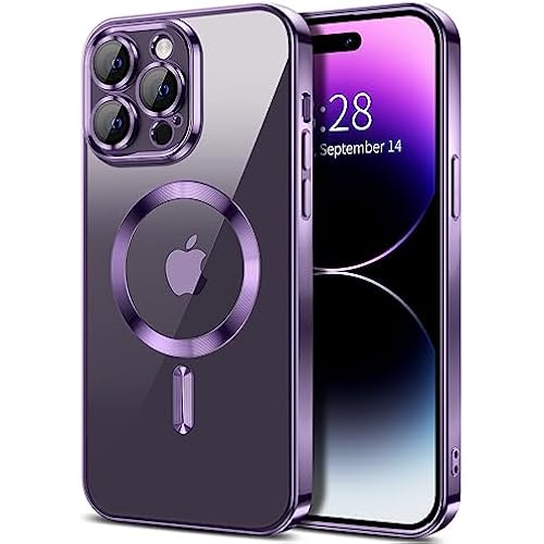 Hython Magnetic Clear for iPhone 14 Pro Max Case with Camera Lens Protector [Compatible with MagSafe] Plating Edge Slim Soft TPU Cover Protective Phone Case for iPhone 14 Pro Max 6.7", Deep Purple