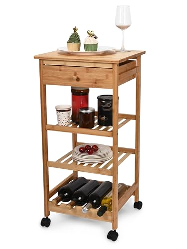 Hallops Kitchen Cart with Drawer and Basket - Brown Kitchen Cart Island for Small Spaces - Extra Counter Space or Spice Rack - Portable Dining Table with Wheels - Elegant Solid Wood Top, Spice Drawer