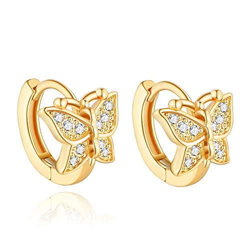 Dainty Butterfly Hoop Earrings 14K Gold Plated Cubic Zirconia Cuff Huggies Earrings for Women Girls