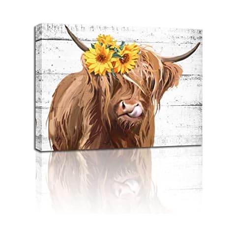 Sunflower Highland Cow Wall Art: Funny Farm Animal Canvas Picture Painting, Rustic Farmhouse Artwork Decor Bathroom Decoration, Cute Brown Cattle Poster Print for Home Kitchen Bedroom 15" x 10" Cover