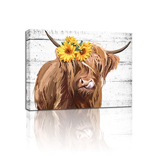 Image of Highland Farmhouse Cow with Sunflowers Wall Decor - Rustic Cute Brown Cattle Poster Print Art for Bedroom, Kitchen, living room, or hallway 15" x 10"