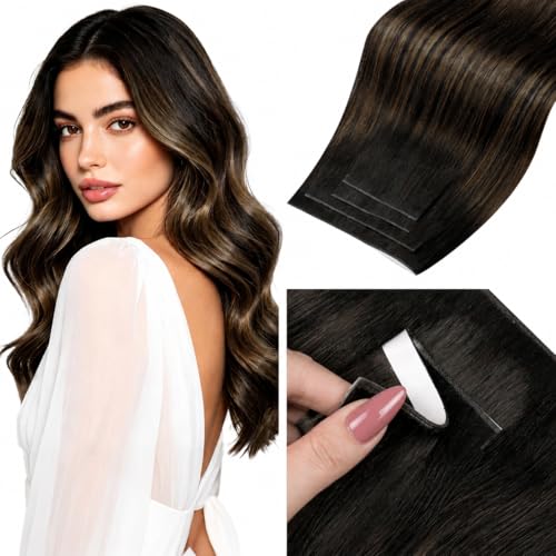 Image of LaaVoo Weft Tape in Hair Extensions Ombre Brown Tape Weft Hair Extensions Human Hair Seamless Tape in Extensions Darkest Brown to Light Brown 16inch 90g 4pcs