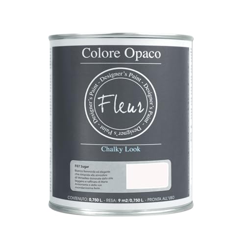 FLEUR DESIGNER'S PAINT | Pittura Chalk Paint Opaca, 750 ml, Senza Carteggiare, Multisuperficie, Colore F07 Sugar, Effetto Gesso, Per Pareti e Mobili, Extra Opaco, Ad Acqua, Made in Italy