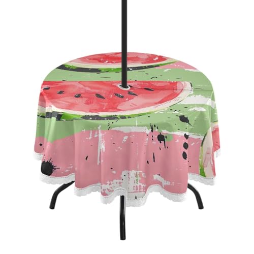 Wajiw 60 Inch Indoor Outdoor Round Tablecloth with Umbrella Hole and Zipper Waterproof Patio Table Cover for Camping Dining Room Party Outdoor Picnic,Watermelon