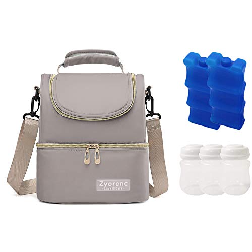 Zyorenc Bolsa Térmica Biberones Lactancia Leche Materna Mochila de Nevera, 2 Bolsas de Hielo 3 BiBiberones incluidas (Gris)