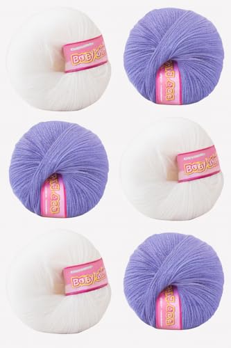 Image of Vardhman BabySoft Knitting Yarn | 100% Acrylic Wool | 4 Ply | Thin Knitting & Crocheting Hook Thread & Lightweight | Special Baby Wool | 150 Grams (6 Balls of 25g) | Machine Washable | Ideal for Blankets, Hats, Booties Ultra-Soft for Baby Sweaters, Blankets, Caps, Socks, Soft toys, Art & craft (Iris Purple No.17 & White No.18)