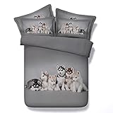JF-107 3pcs Husky Babies 3D Digital Animal Print Bed Sheet Set Dogs Duvet Cover Set Grey Bedding Sets Twin Full Queen King Size, not Comforter (Twin)