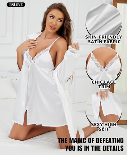 Image of RSLOVE Women's Satin Sleepwear Set - 2 Piece Lace Cami Nightgown and Long Sleeve Robe Sexy Silk Pajamas Lingerie for Women