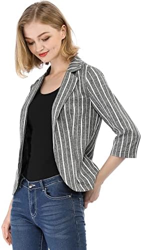 Allegra K Women's Striped 3/4 Sleeves Open Front Notched Lapel Blazer M Black
