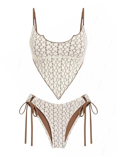 seamoly Crystal Cream Contrast Color Lace Jacquard Hanky Hem Cinched Tankini Set Crystal Cream S