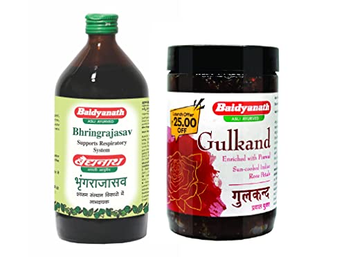 Image of Baidyanath Asli Ayurved Bhringrajasava Syrup 450 ml | Gulkand - 400gram - (Pack Of 2) - 100% Natural | Sun Dried | Bhringrajasava For Hair