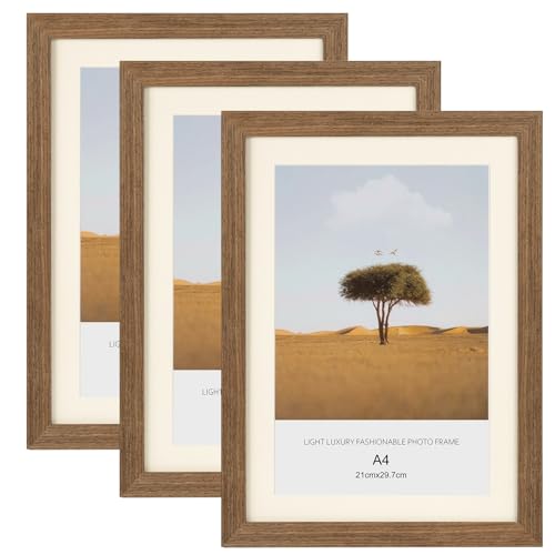 Seaboat A4 Picture Frame, 3 Pack 100% Solid Wood Photo Frame 21 X 29,7 cm Poster Frames certificate Document Frame with Plexiglass Window,Freestanding and Wall Mountable