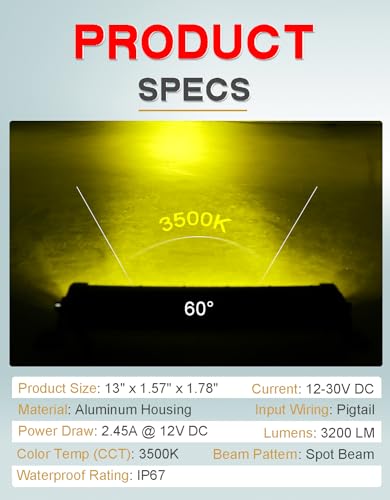 NORTHYUN Yellow LED Light Bar 13 Inch Slim Led Bar 30W Spot Fog Lights Off Road 3500K for Truck ATV UTV SUV Pickup Trailer Boat 1PC