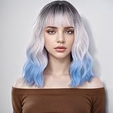 WTHCOS Silver Blue Ombre Wigs for Women Short Curly Wavy Blue Wig with Bangs Heat Resistant Synthetic Wigs for Cosplay Costume Party
