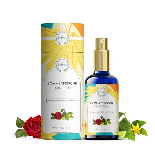LEBBIO Sommerfrische Raumspray 50ml [100% NATURREIN] Natürliches Duftspray, Erfrischender Sommerduft aus Geranium, Pfefferminz, Bergamotte und Ylang-Ylang - Aromadiffuser, Aromatherapie - motivierend
