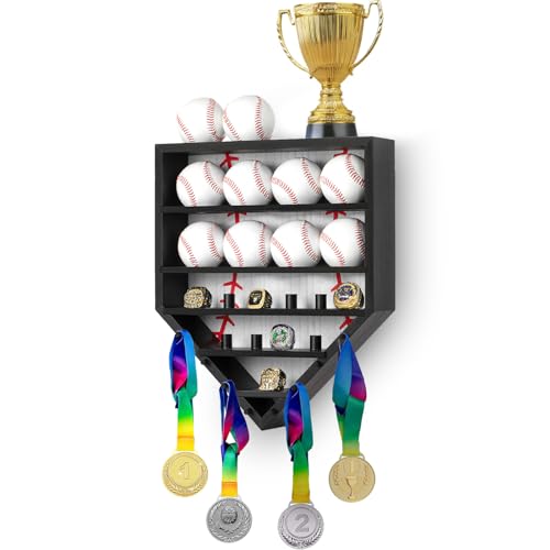 Meryndou Baseball Display Case with Ring Holder – Soild Wood - Wall Mount Display Holder for Balls, Trophy, Medals, and Memorabilia – Baseball Championship Ring Case