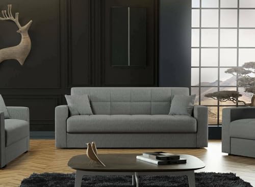 Divano Letto 3 posti Pinto, Divano Letto Contenitore lineare, Sofà da Soggiorno in Tessuto Imbottito con Apertura Click-clack, 212x80h87 cm, Grigio