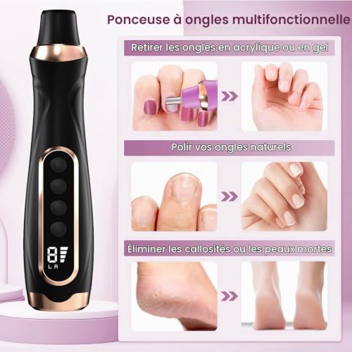 XunmotorYao Ponceuse Ongle Professionnelle 15 en 1 Lime a Ongle Electrique Sans Fil Avec LED écran Numérique Lime a Ongle Electrique 6 Vitesse Réglable Kit de Manucure Pédicure,Noir – vue 2