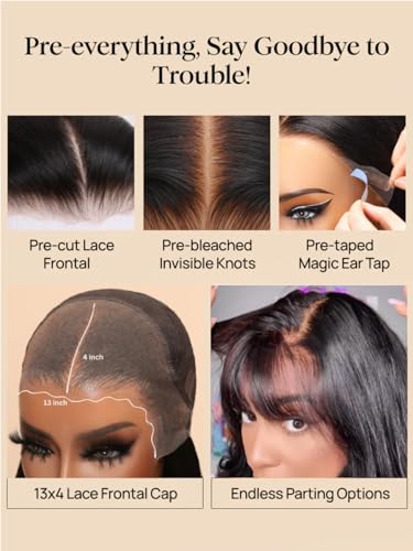 UNICE Pre Everything Body Wave 13 x 4 koronkowe przednie peruki ludzkie włosy z grzywką zasłona bezklejowa peruka ludzkie włosy wstępnie oskubane wstępnie przycięta koronka bielone węzły gotowa do