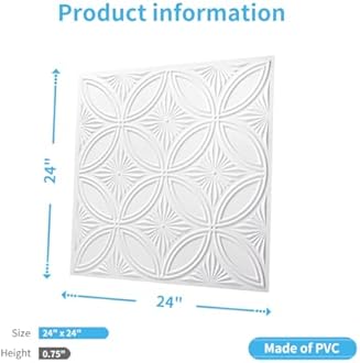Art3d Decorative PVC Drop Ceiling Tile 2ft x 2ft in White,Glue up Ceiling Panel 24 x 24in.12pcs