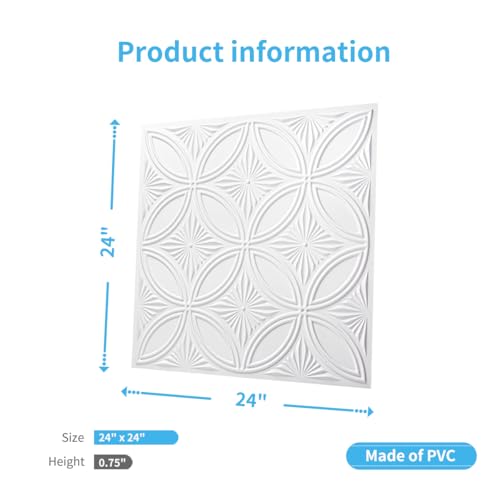 Art3d Decorative PVC Drop Ceiling Tile 2ft x 2ft in White,Glue up Ceiling Panel 24 x 24in.12pcs