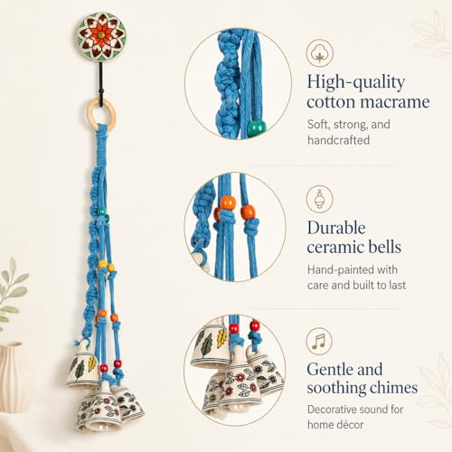 Image of KAAMERI BAZAAR Macrame Wind Chimes Enhance Living Space for Diwali (4 Bells, 1 Ring Tied with Sky Blue Macrame Thread)