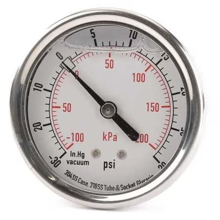 Compound Gauge, -30 to 0 to 30 in Hg/psi, 1/4 in MNPT, Stainless Steel, Silver
