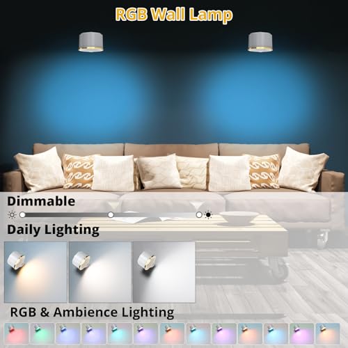 TBTeek Wall Light, Wall Sconce Set of 2, 6 Color Dimmable Closet Light, Rechargeable Battery Stick on Light, Wall Lamp with Remote, Cordless Wall Mount Reading Lamp for Bedside Bedroom, White - Thumbnail 2