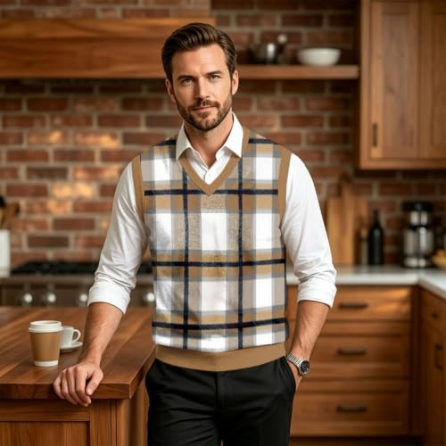 Christmas Sweater Vest Men V Neck Plaid Knit Lightweight Pullover Sweater - image 4