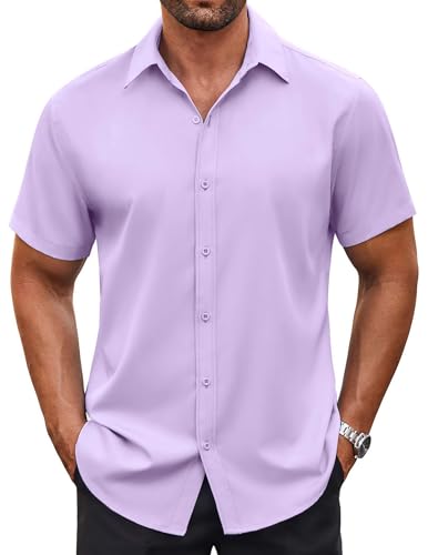 COOFANDY Mens Button Down Short Sleeve Shirt Casual Dress Shirts Wrinkle Free Shirts, Lavender, 3X-Large