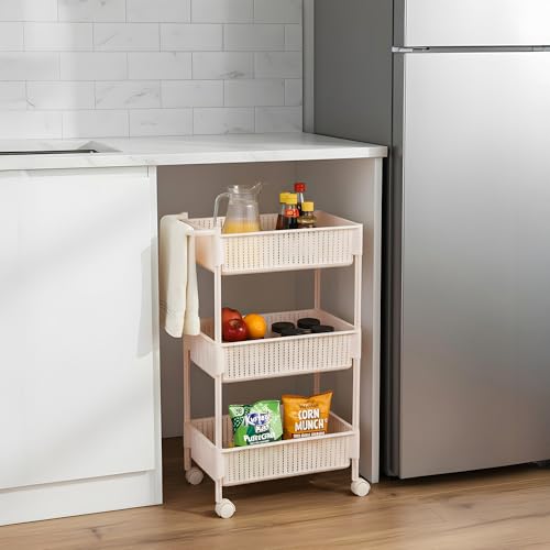 Image of Nayasa Rope Trolley 3 Layers | Kitchen Organizer | Kitchen Shelf Organizer | Vegetable Basket for Onion,Potato | Vegetable Trolley with Wheels | Ivory