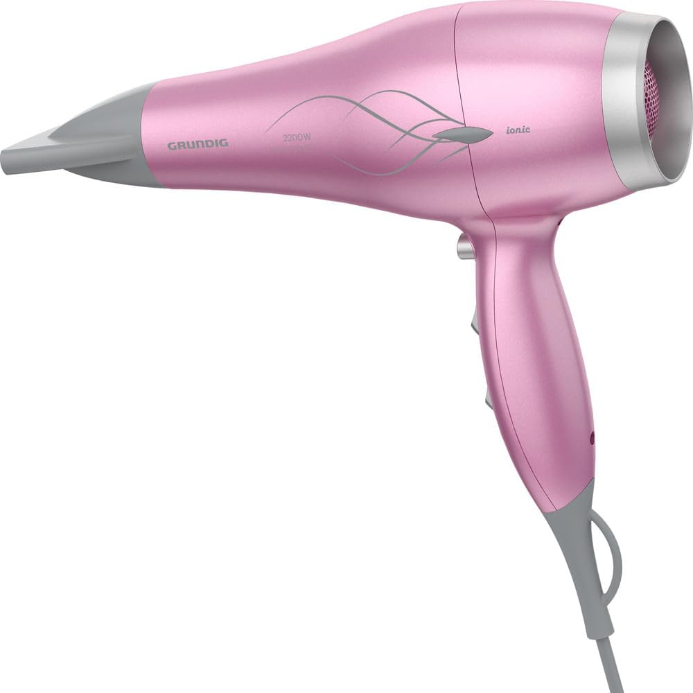 Grundig - HD 6280 Haartrockner - 2200W mit Ionen-Funktion & Pink Lotusöl - Keramikbeschichtung - 3 Temperaturstufen - Inkl. Diffusor - Rosa/Silber